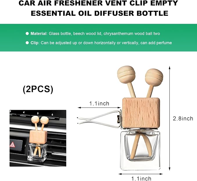 2PCS Car Diffuser Air Freshener Bottle, Empty Essential Oil Perfume Glass Bottle with Vent Clip, Wooden Clear Aromatherapy Fragrance Ornament Auto Decor, Interior Car Accessories