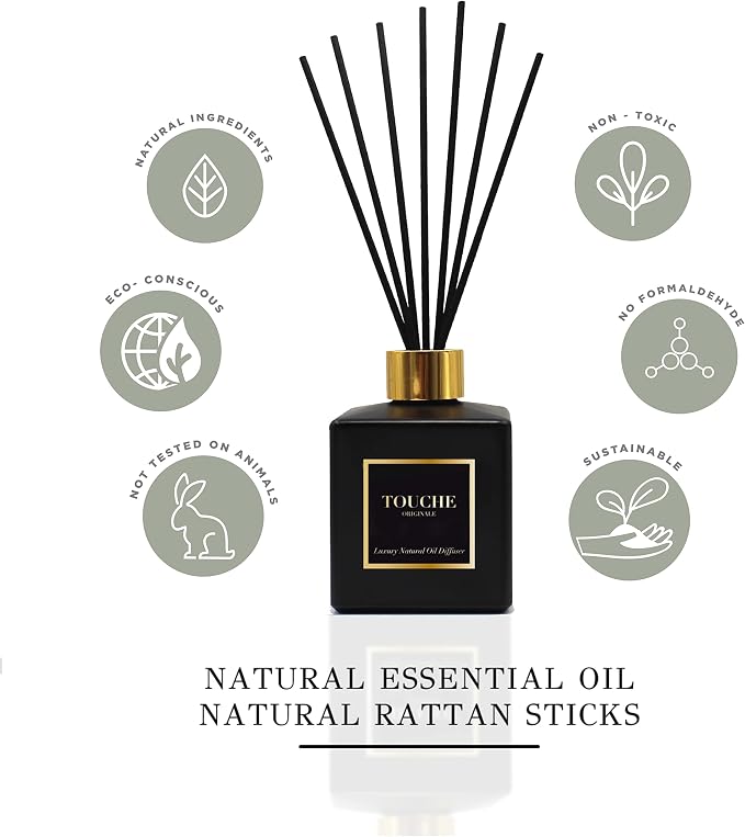 Touche Luxury Natural Reed Diffuser. Long Lasting Scented Home Fragrance. Natural Essential Oil Alcohol-Free. 4.75 OZ. Glass Bottle (Citrus - Black Bottle)