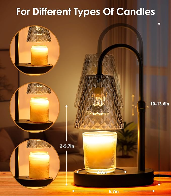 Candle Warmer with Timer - Electric Candle Warmer with Dimmer, Adjustable Height, Vintage Nightstand Lamp Sets (Diamond Pattern)