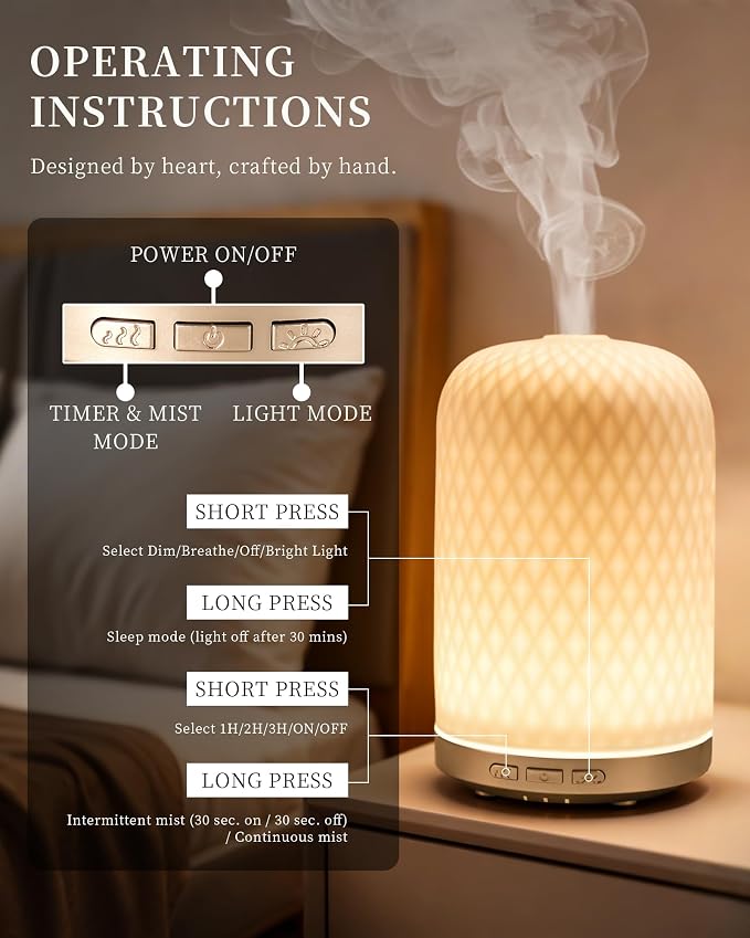 Essential Oil Diffuser - 2.4MHz Ultrasonic Ceramic Diffuser with Pulse/Continuous Mist & Night Light, Waterless Auto-Off, Silent Aromatherapy Diffuser for Home, Office, Yoga, Spa, Gifts & Home Decor.