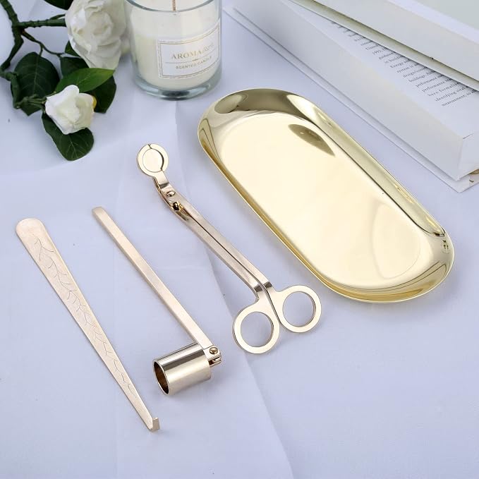 MUXSAM 4 in 1 Candle Accessory Set - Wick Trimmer, Dipper, Snuffer, Storage Tray Plate, Candle Care Tools Gift for Lovers of Home Decoration (Gold)