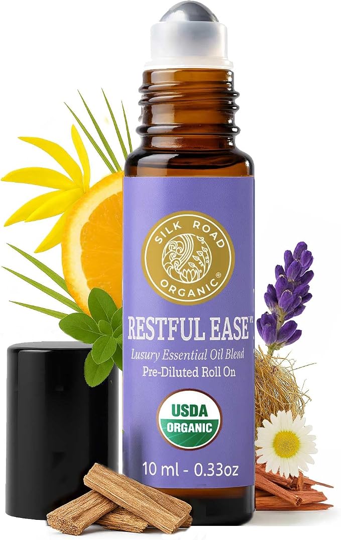 Silk Road Organic Restful Ease Essential Oil Sleep & Stress Blend Roll On - 100% Pure USDA Certified with Indian Sandalwood - Stress Ease Aromatherapy & Calming Relaxation - 10 ml Roller