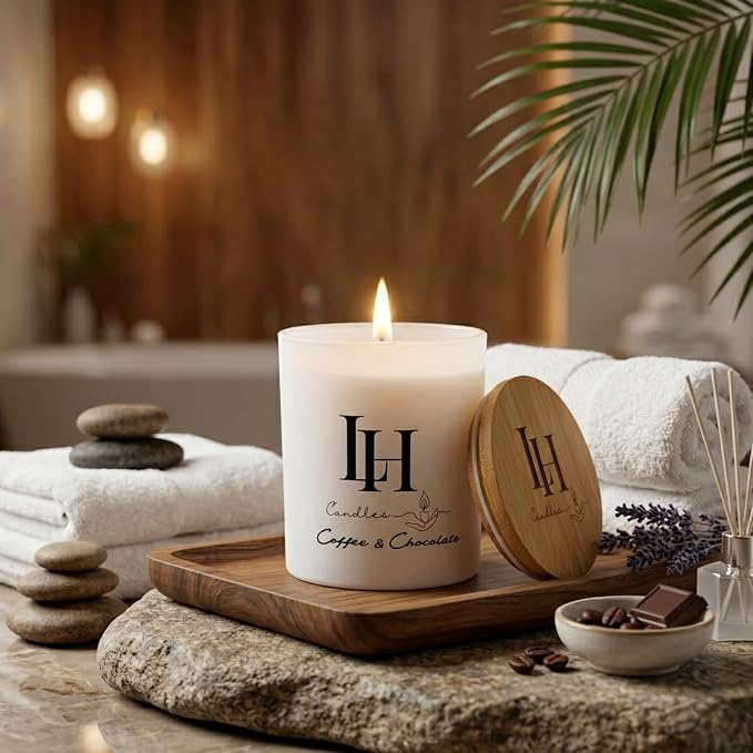 LH Coffee Chocolate Scented Candle 10.6 oz – Highly Scented Soy Candle Natural Non-Toxic Candles for Home Relaxing Stress Relief Gift for Women Strong Coffee and Chocolate Aroma