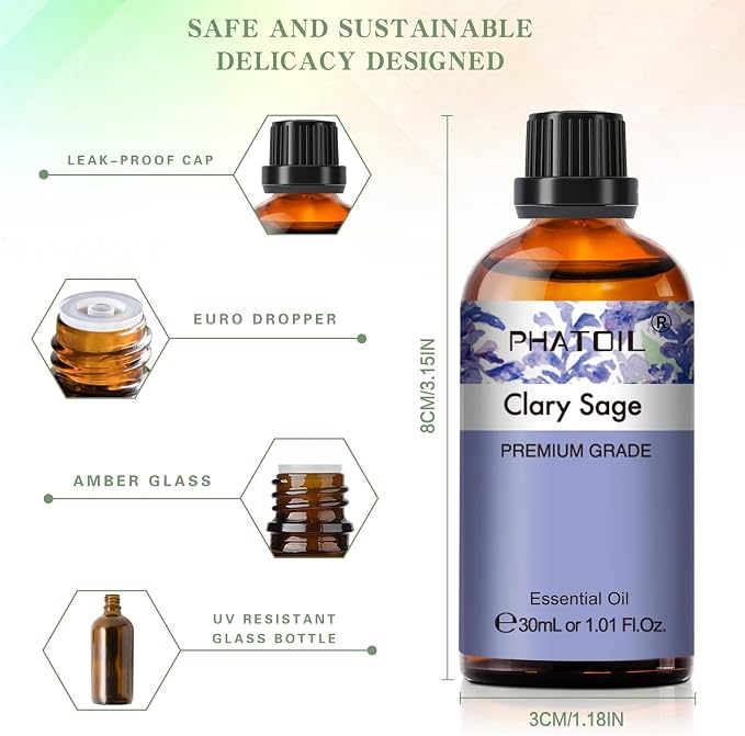 Clary Sage Essential Oil, 1.01Fl.Oz (30ML) PHATOIL Pure Essential Oil Singles for Aromatherapy Diffusers, Humidifiers, Great for DIY Candle and Soap Making, Gift for Friend