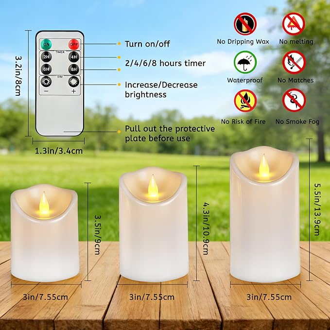 Pure White Flameless Candles, Patented 3D Dual-LED, Set of 6 Slanted Plastic Pillars with 2 Remotes, Waterproof Non-Melting Battery Operated Decor for Patio Lanterns, White