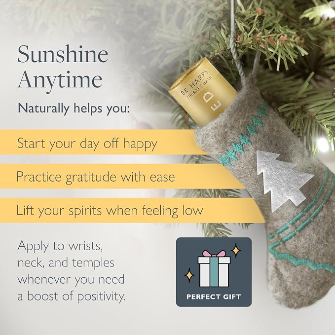 Scentered Aromatherapy Happy Balm Christmas Stocking Gift for Positivity & Gratitude - Essential Oils Roll On with Lemon & Grapefruit - Self-Care Stocking Stuffers for Women