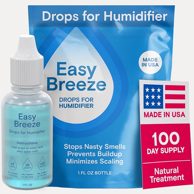 Humidifier Cleaner Drops — Easy Breeze Water Treatment for All Humidifiers, Reduces Calcium Buildup & Sludge, 100-Day Supply Humidifier Drops, Freshens & Deodorizes, Natural Formula, Made in USA