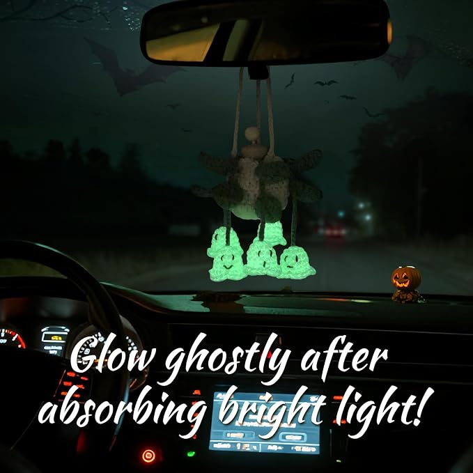 Crochet Glowing Ghost Car Air Freshener, Halloween Car Decor, 15ml Refillable Oil Diffuser Bottle with Hanging Crochet Decor for Car Rearview Mirror, Handmade Halloween Gifts