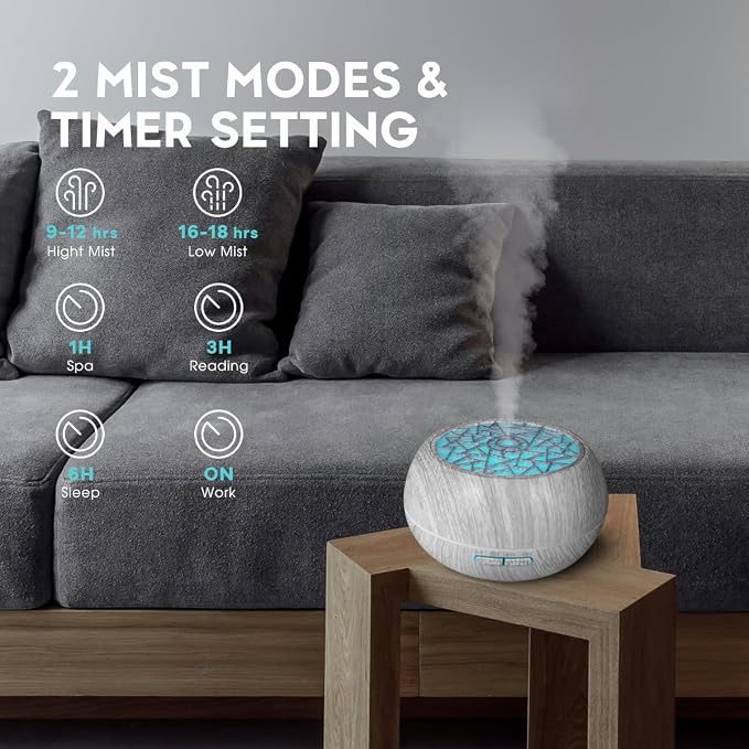 550ml Large Capacity Essential Oil Diffuser 6 Essentil Oil Set Aromatherapy Ultrasonic Air Humidifier with Timer and 7 Color LED Night Light Remote Control Waterless Auto-Off White Wood Grain