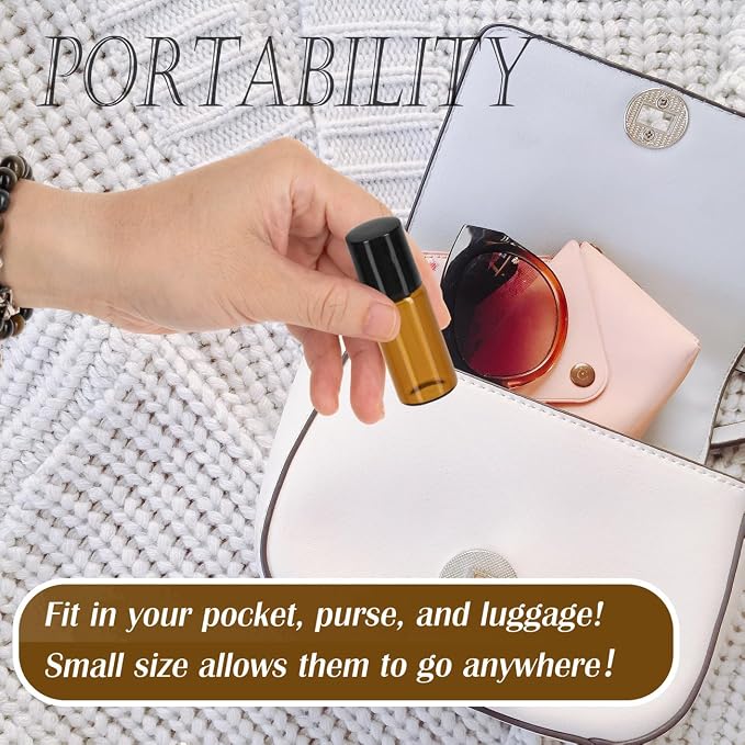 3ml Roller Bottles 24Pack Amber Thick Glass Essential Oil Bottles with Stainless Steel Roller Ball and 2 Droppers