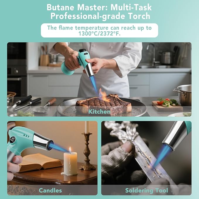 Sondiko Creme Brulee Torch, Refillable Butane Torch Lighter with Adjustable Flame for Creme Brulee, BBQ and Baking, Butane Gas Not Included