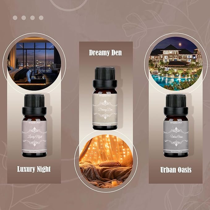 WUSEONY Hotel Diffuser Oils Gift Set, Aromatherapy Essential Oil Set, Luxury Hotel Scents for Diffuser for Home – White Tea & Thyme, Jasmine & Mint, Citrus Amber, Luxury Night, Dreamy Den, Urban Oasis