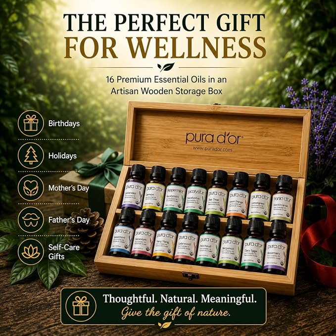 PURA D'OR Organic Sweet16 Essential Oils Set - 16x 10mL Wood Box Aromatherapy Gift Set - 100% Pure Therapeutic Grade for Relaxation and Wellness (Lavender, Rosemary, Turmeric, Ylang Ylang & More)