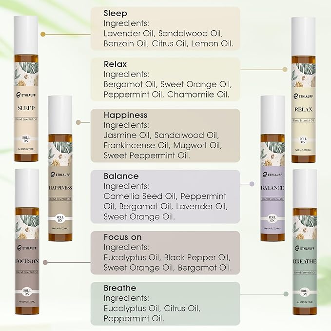 Essential Oils Roll On Set - (Relax, Sleep, Breathe, Focus on) Aromatherapy Oil with Roller Ball, Essential Oils for Skin - Self Care Gift for Women
