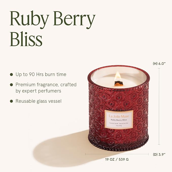 LA JOLIE MUSE Ruby Berry Bliss Scented Candles for Home,19 oz Natural Soy | Christmas Winter Holiday Decor, Large Luxury Red Jar Candle, Clean Non Toxic, Gift for Women,Men, Wood Wick, Orange,Cranberry