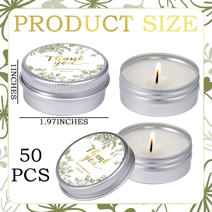 MTLEE 50 Pcs Sage Green Floral Wedding Candles Gift Favors for Guests 1 oz Lavender Scented Soy Wax Aromatherapy Candle for Bridal Shower Favors Rustic Wedding Party Guests