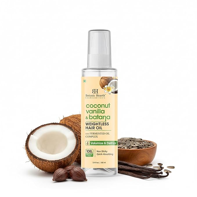 Botanic Hearth Coconut Vanilla & Batana Weightless Hair Oil, 3.4 fl oz |With Batana Oil, Coconut Oil & Vanilla | Lightweight Non-Greasy Formula | Smooth, Silky Hair & Shine | For Thin, Fine & Dry Hair