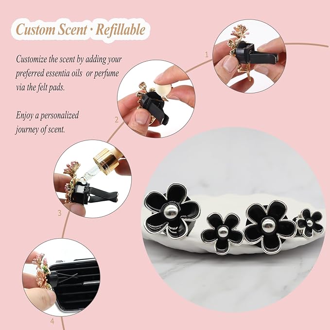 ORIESSE 4pcs Cute Daisy Flowers Car Air Freshener Vent Clips,Girly Flowers Car Accessories for Women,4 Sizes Sparkle Black Silver Flower Car Vent Clips,Refillable Clips On Car Diffuser