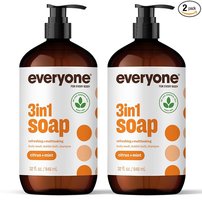 Everyone 3-in-1 Soap, Body Wash, Bubble Bath, Shampoo, 32 Ounce (Pack of 2), Citrus and Mint, made with Essential Oils for Men and Women