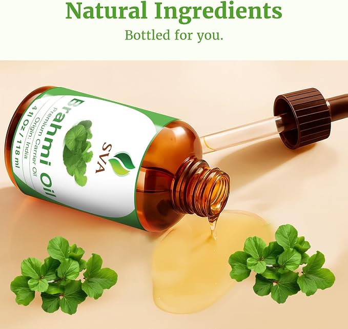 SVA Brahmi Oil - 4 Fl Oz – 100% Natural Cold Pressed Brahmi Oil - for Face, Skin Care, Hair Care, Scalp Massage & Body Massage – Carrier Oil with Dropper