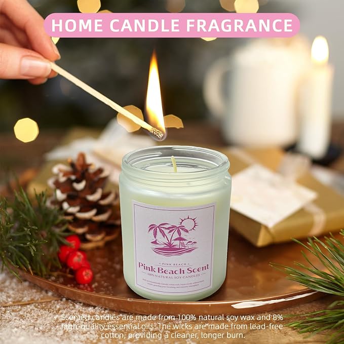 Pink Beach Scented Candle, 9 oz Natural Soy Candles for Home Scented, 50 Hour Burn Time, Home Decor Gift for Women, Friends, Family