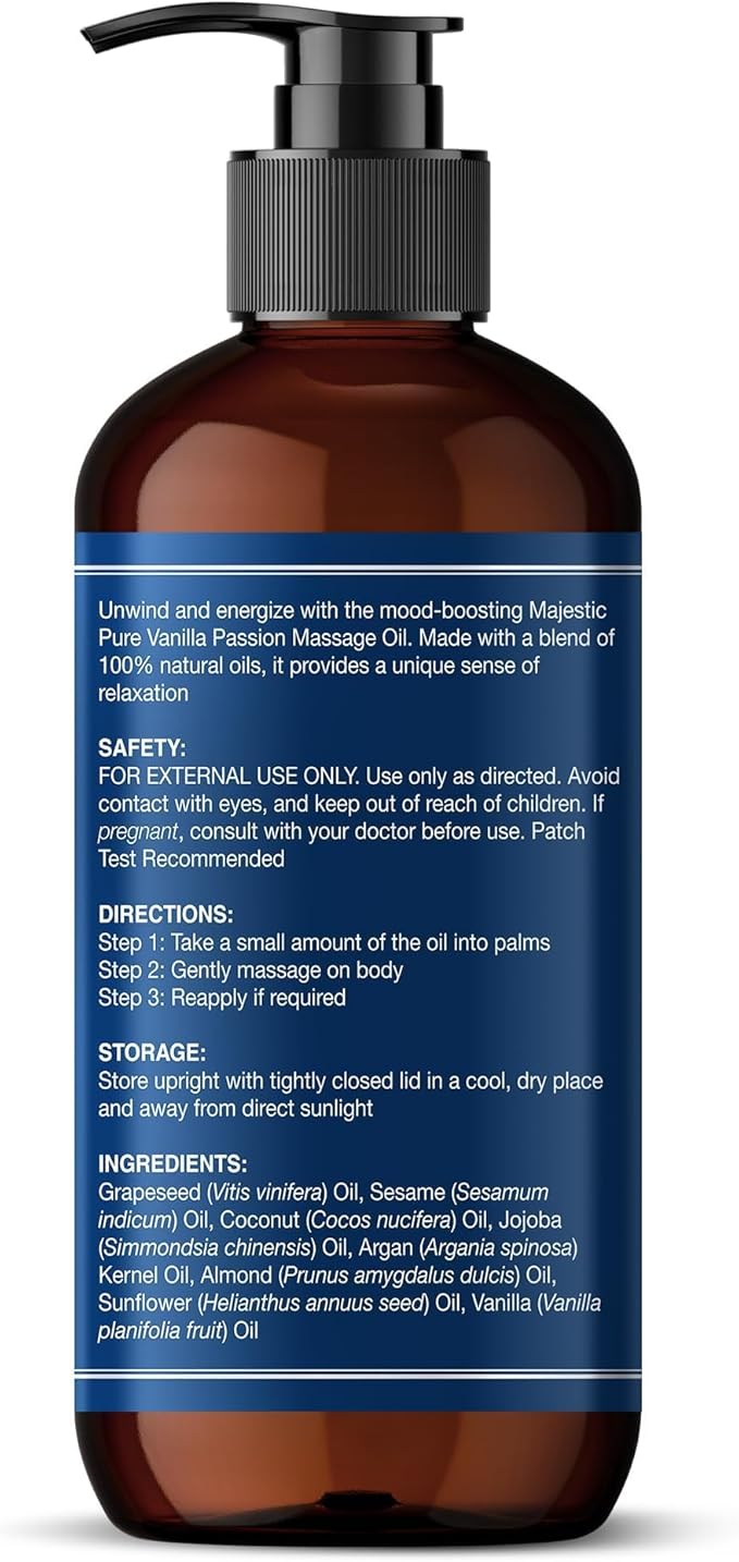 MAJESTIC PURE Vanilla Passion Massage Oil for Massage Therapy - Refreshing and Relaxing - Natural Oils with Vanilla Oil, Coffee Oil Shea Butter for All Skin Types Men and Women Massage Lotion- 8 fl oz