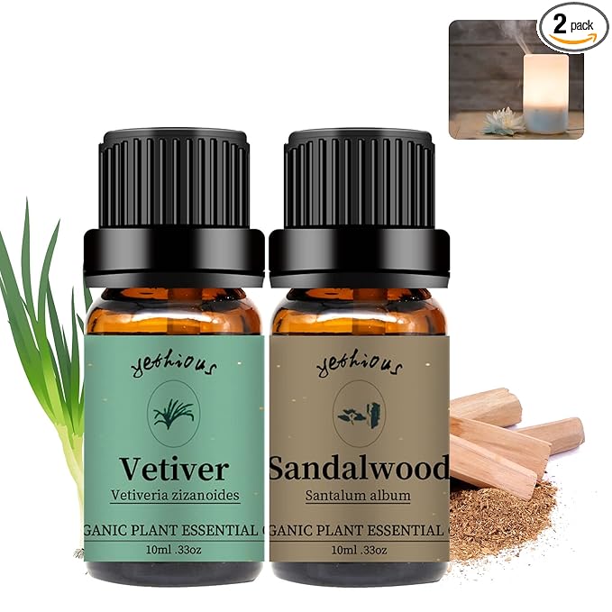 yethious Sandalwood Vetiver Essential Oil Set 100% Pure Organic Undiluted Aromatherapy Oils for Diffuser, Skin, Hair, Perfume, Soap, Candle Making 2 x 10ML