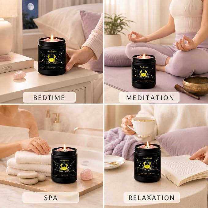 Cancer Birthday Gifts Candle | Zodiac Crystal Candles with Pink Opal Healing Crystals - Cashmere Lavender Scented Soy Candle, 7oz 50H Burn, Unique Spiritual Astrology Gifts for Women Men