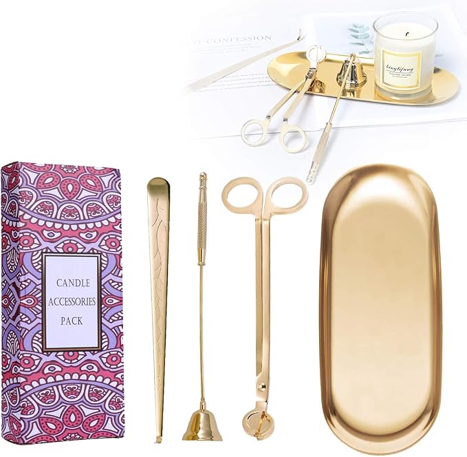 UCINNOVATE 4 in 1 Candle Accessory Set - Wick Trimmer, Snuffer, Dipper, Storage Tray for Candle Lovers, Holidays (Gold)