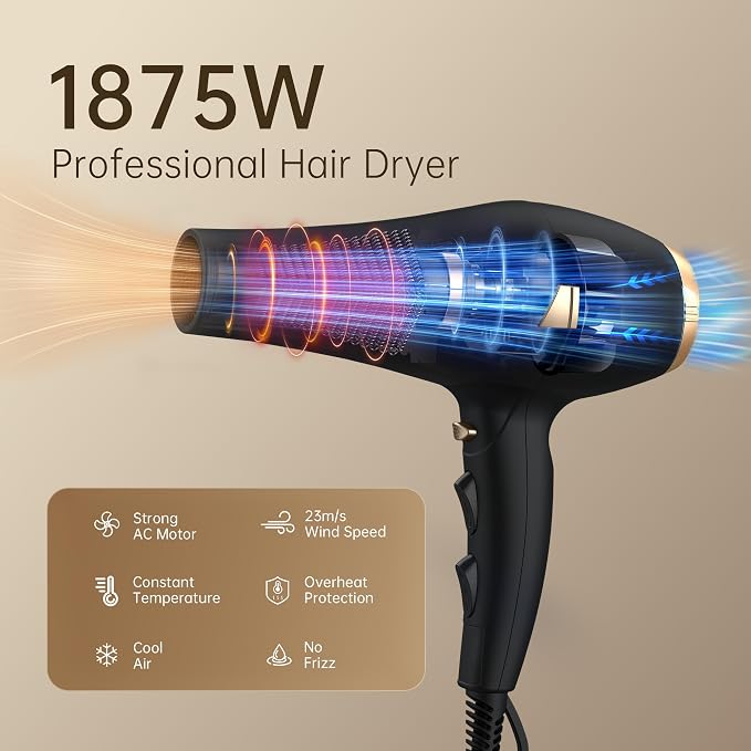 CONFU Hair Dryer Professional Ionic - Salon Blow Dryer with Diffuser for Women & Men - 5X Fast Drying 1875 Watt Powerful Hair Blow Dryer with Comb for Fast & Easy Styling