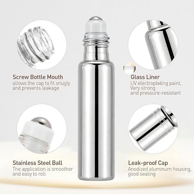 Kesell 0.34oz / 10ml Essential Oil Roller Bottles 6PCS Silver Glass Roll-on Bottle Empty Refillable Perfume Vials Travel Size Perfume Rollerball Applicator Liquid Storage Container with Funnel