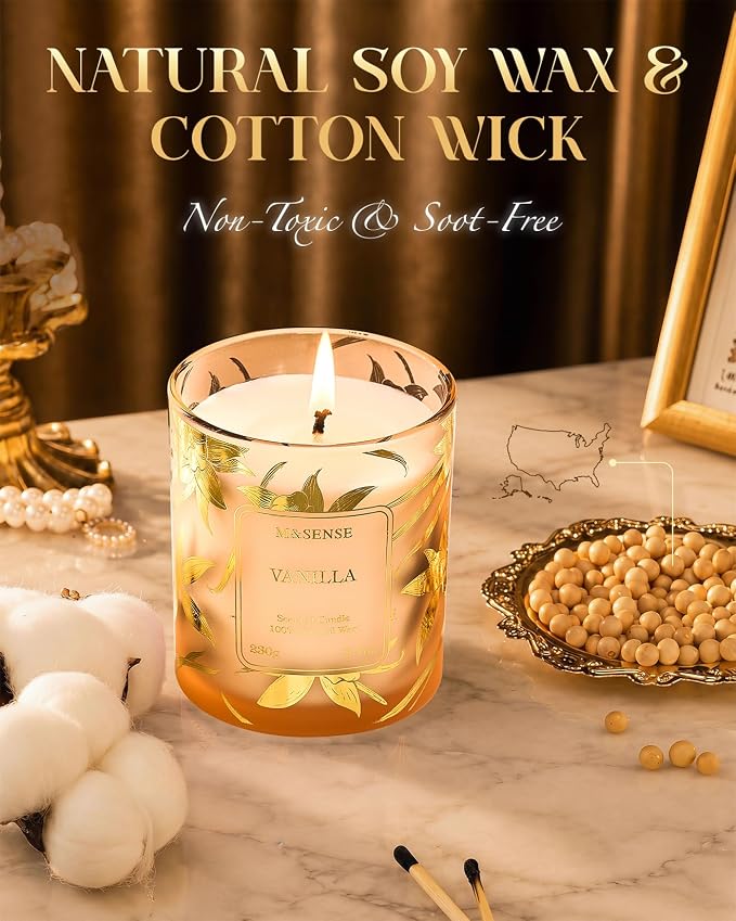 M&SENSE Vanilla Candle Scented for Home, 8.1oz Natural Soy Candle Non Toxic 42 Hours Long Lasting Burning, Cozy Stress Relief Aromatherapy Candle Gifts for Women & Men