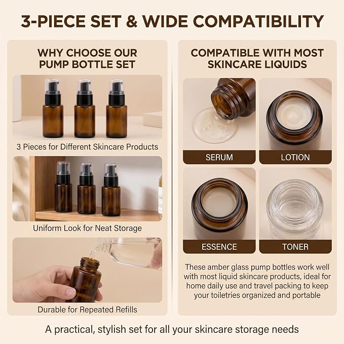 3 Pcs 30ml 1oz Amber Glass Travel Bottles Leakproof Cosmetic Cream Pump Bottle Dispenser Lotions Bottles Travel Containers Lotion Dispenser for Creams Foundation Shampoo Essential Oils