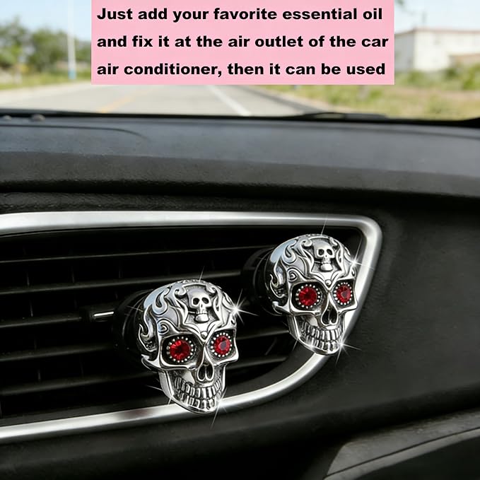 Gothic Skull Car Air Freshener Vent Clips with 2 Pads, Halloween Scented Car Accessories for Men Women, Automotive Interior Decor and Cool Car Fresheners for Men， Spooky Gift Idea-A2