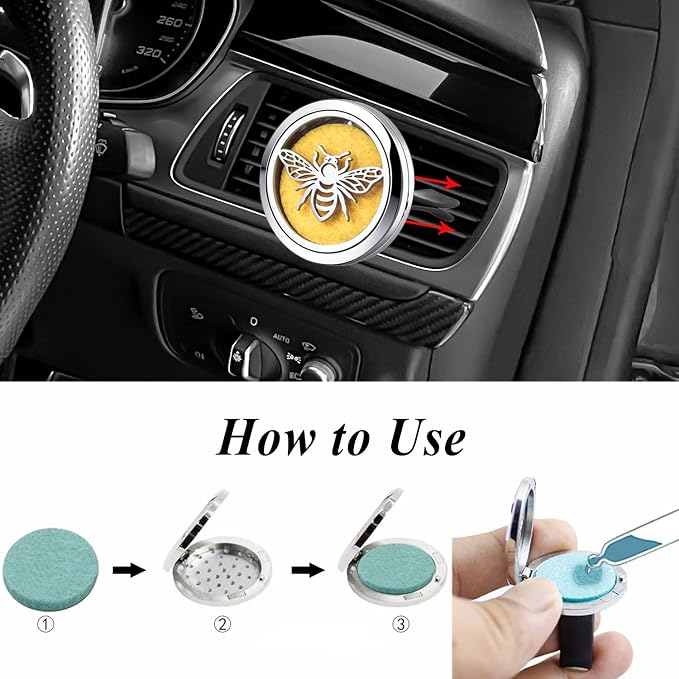 Bee Portable Car Vent Clip Diffuser for Essential Oils,Stainless Steel Vent Holders with 10 Felt Pads Each, Set for Family Vehicles
