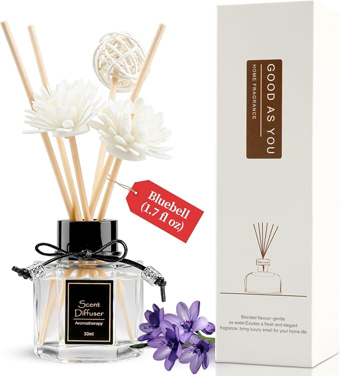 Bluebell Reed Diffuser 1.7 fl oz, Fresh Woodland Floral Home Fragrance, Natural Non-Toxic Essential Oil with 6 Scent Sticks, Long-Lasting Air Freshener for Bedroom & Living Room