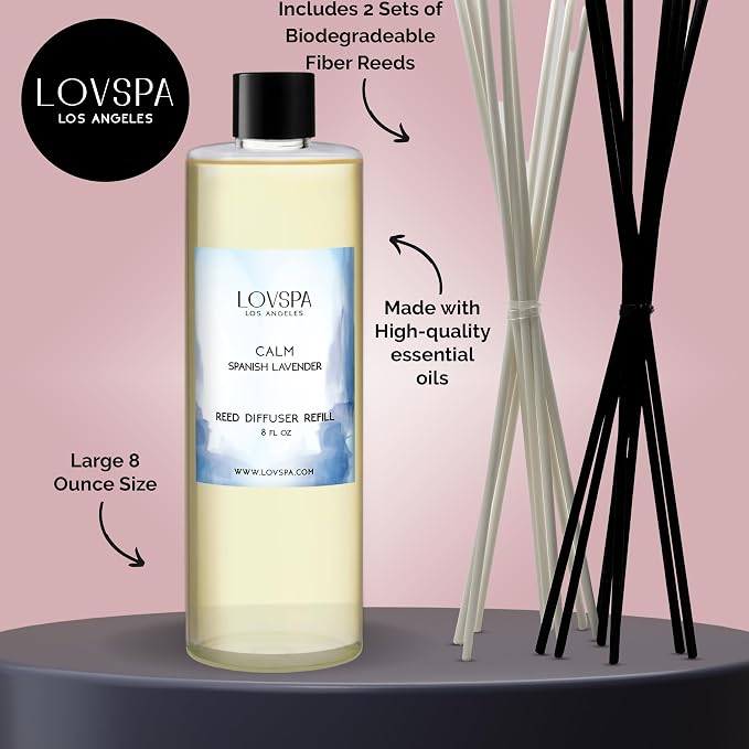 Calm Spanish Blue Lavender Diffuser Oil Refill, 8 oz, Room Fragrance | Blue lavender, clary sage, and violet leaf profile, includes replacement reeds, spa aroma, guest bathroom, home scent