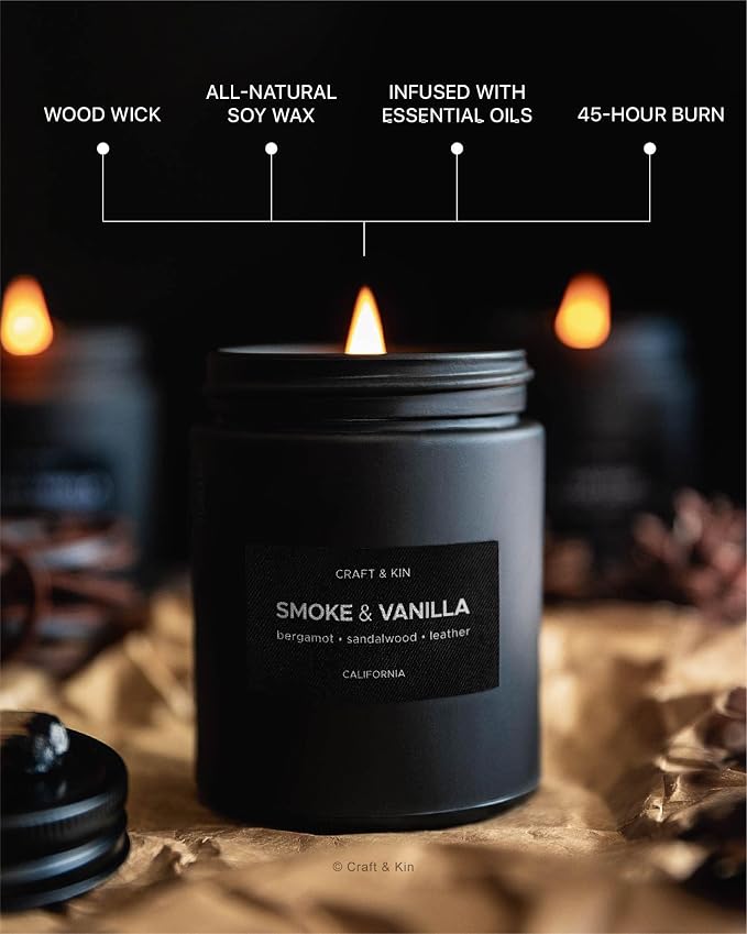 Craft & Kin Premium Smoke & Vanilla Scented Candle – Long Lasting, 45 Hour Burn Time – Luxury Black Natural Soy Scented Candle for Men with Wood Wick – Room Decor and Aromatherapy – 7.6 oz