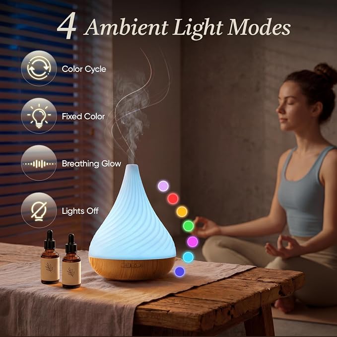 Essential Oil Diffuser with Adapter, 130ml Aromatherapy Scent Machine for Home & Office, 7 Color LED & Breathing Light Cool Mist Humidifier, 2 Mist Modes Last up to 8 Hours, Auto-Off, Spiral