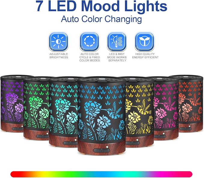Essential Oil Diffuser- Aromatherapy Diffuser with7 Colors Light and Auto-Off for Women Metal Cool Mist Humidifier for Home and Office for Mom Women(Hummingbird)
