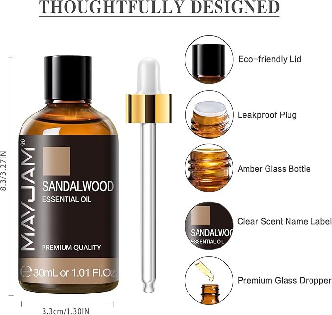 Sandalwood Essential Oil 1.01FL.OZ, MAYJAM Premium Aromatherapy Sandalwood Oil for Diffuser, Candle Making, Home Office Car Yoga Use, 30ML/Bottle