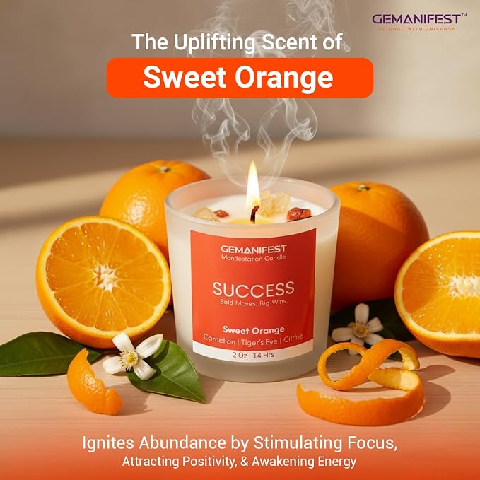 Success Manifestation Crystal Candle with Tigers Eye Bracelet for Career Business Exams Interviews Orange Scented Soy Wax for Motivation Gifts for Students Entrepreneurs and Goal Setters