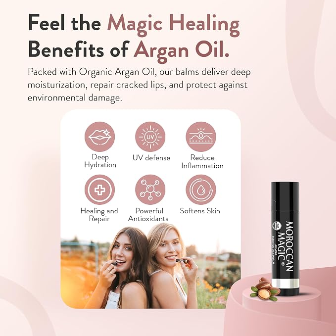 Moroccan Magic Organic Pure Coconut Lip Balm 3 Pack | Ultra-Hydrating Argan & Essential Oil Lip Moisturizer + Vitamin E | Natural Chapstick for Dry Lips | Smooth, Non-Toxic | Organic Lip Balm