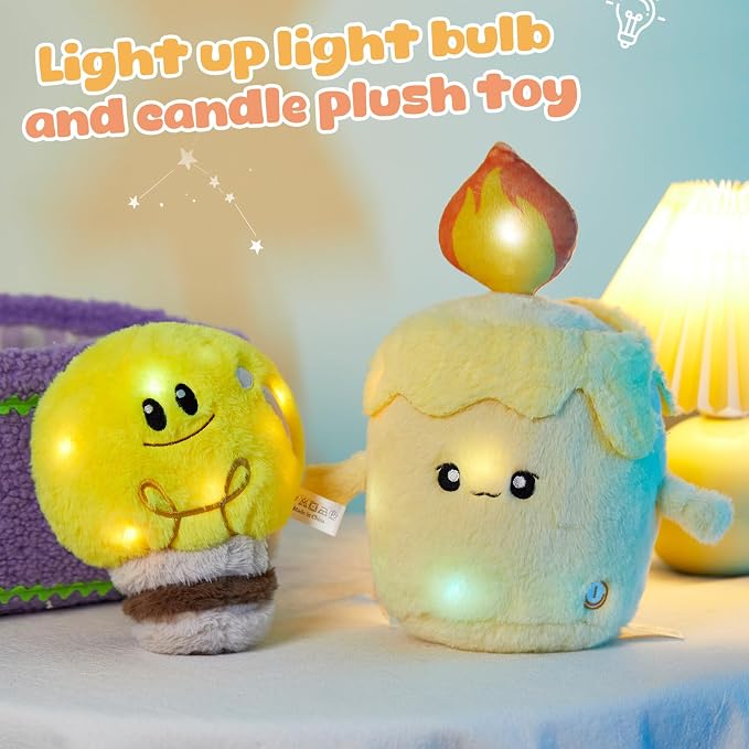 WEWILL 8'' Light up Light Bulb Stuffed Animal Cute Light Bulb Soft Plush Toy Birthday Christmas Holiday Weekend Gift for Toddler Kids, Boys, Girls