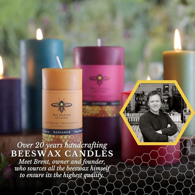 Big Dipper Wax Works Beeswax Aromatherapy Candle, Radiance, Pillar Candle, Ylang Ylang & Tangerine Scented, 40-Hour Burn, Pure Essentail Oils, 2" x 4.75"