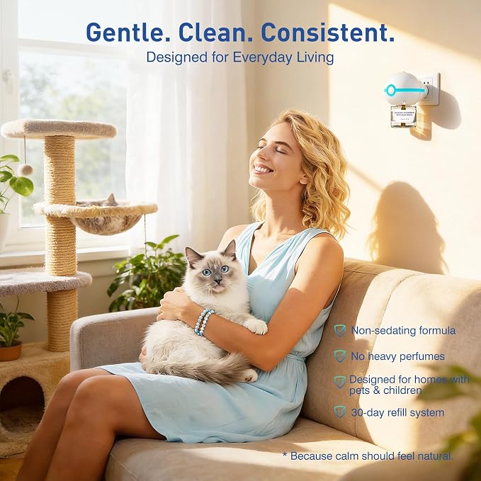 SHIORI TrinityCalm Cat Calming Diffuser Kit, Advanced 3-in-1 Pheromone & L-Theanine System for Multi-Cat Stress, Spraying, Fighting & Hiding, 60-Day Starter Kit