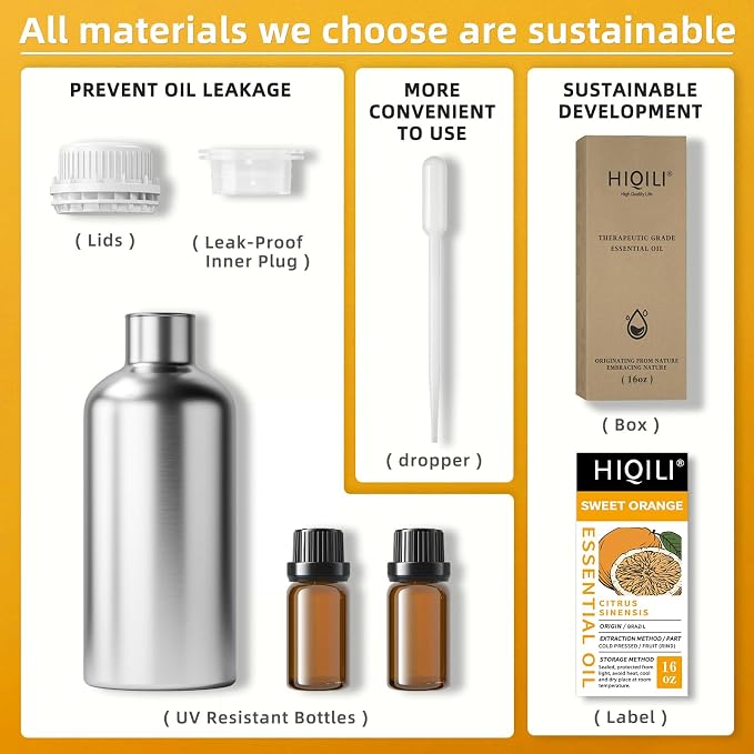 HIQILI 16 Fl Oz Orange Essential Oil, Large Capacity - 500ml | Air Freshening & Space Cleaning, DIY Raw Material, Skin Care, for Public Toilet, Mall, Hotel, DIY Studio, Beauty Salon
