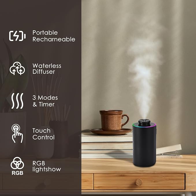 Waterless Essential Oil Diffuser with 8 Color LED Night Light, 3 Mist Levels & Timers, Portable Rechargeable Aromatherapy Diffuser for Home Car Room Studio Office, Metal (Black)