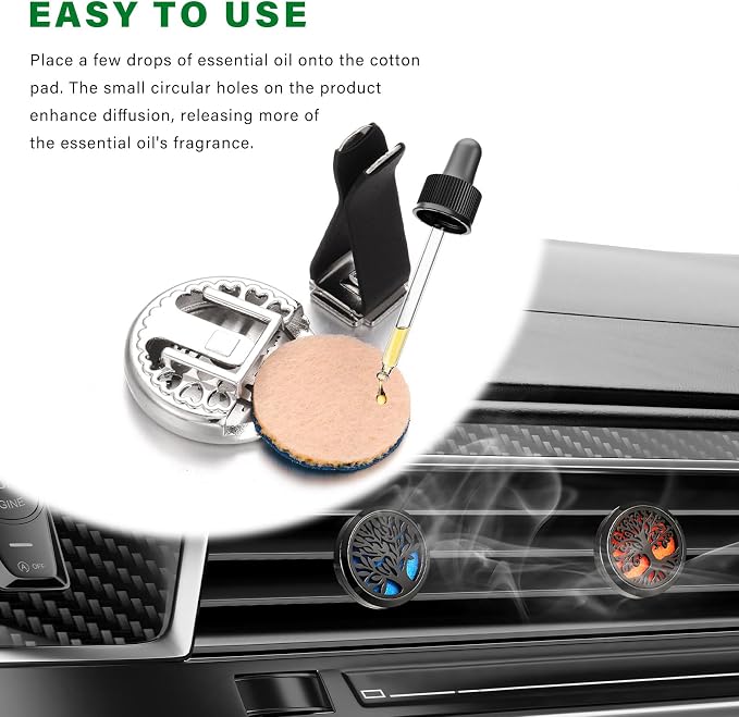 2 PCS 30mm Car Diffuser Vent Clips, Tree of Life Aromatherapy Essential Oil Diffuser Car Clip with 12 Felt Pads, Removable Stainless Steel Air Freshener Lockets for Women Men (Silver)