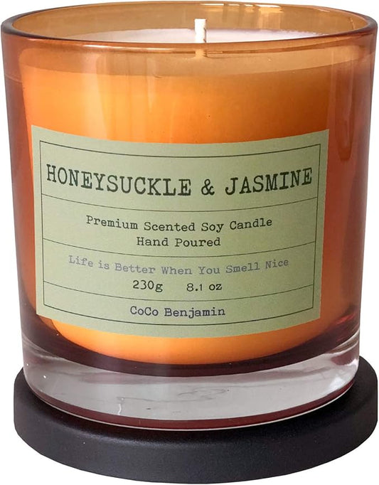 100% Natural Soy Wax Candle by CoCo Benjamin - Highly Scented & Hand-Poured Luxury Candle (Honeysuckle & Jasmine)- Clean Burning Cotton Wick